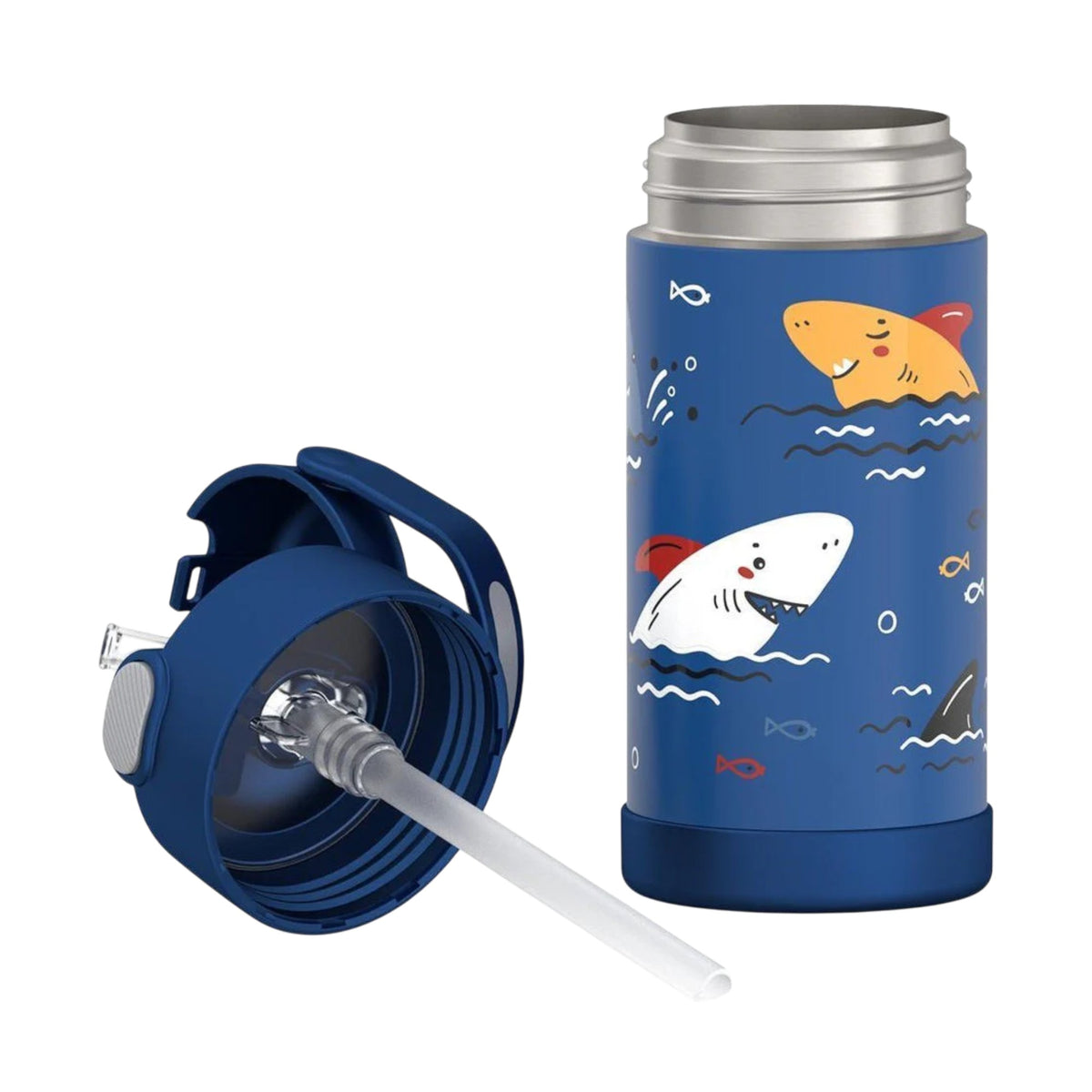 Garrafa Térmica Funtainer Thermos - 355ml com desenho de tubarões, aço inoxidável e canudo retrátil. Mantém bebidas geladas por até 12 horas.