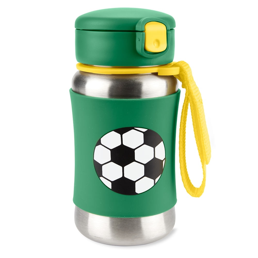 Garrafa de Aço Inox Skip Hop Futebol, vista frontal com tampa fechada