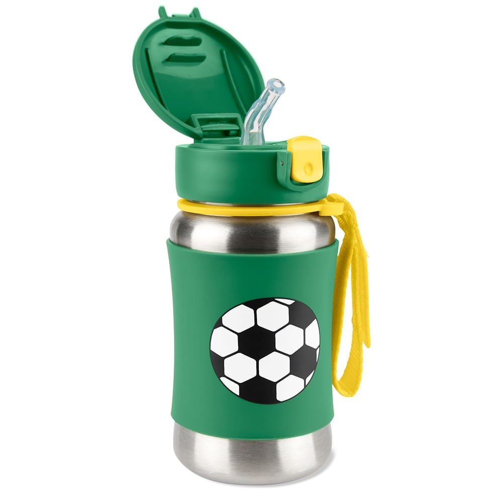 Garrafa de Aço Inox Skip Hop Futebol, com a tampa aberta
