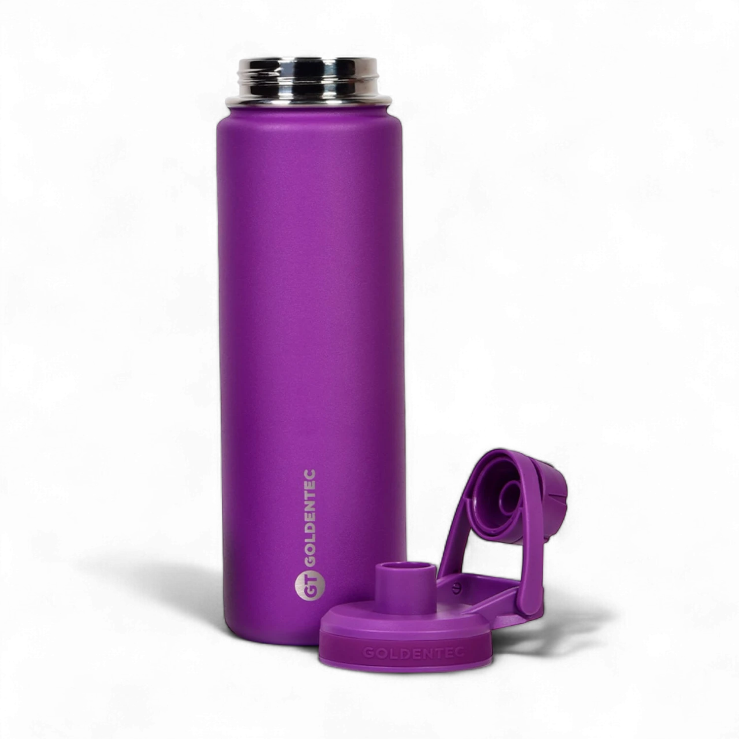 Garrafa Térmica Goldentec 750ml roxa com parede dupla em aço inoxidável, tampa removível, mantém 12h quente e 24h frio, ideal para uso diário.