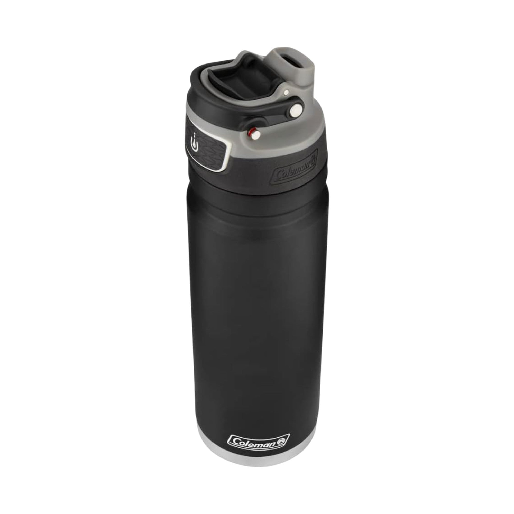 Garrafa Térmica 709 ml Coleman preta com tampa, ideal para manter bebidas frias ou quentes, prática para viagens e atividades externas.