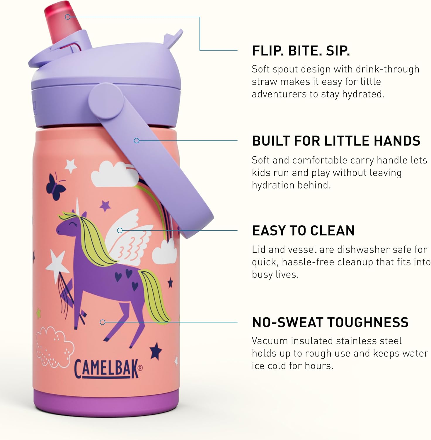 Garrafa Térmica Infantil Camelbak Thrive 354ml com design amigável para crianças e fácil de limpar, ideal para hidratação.