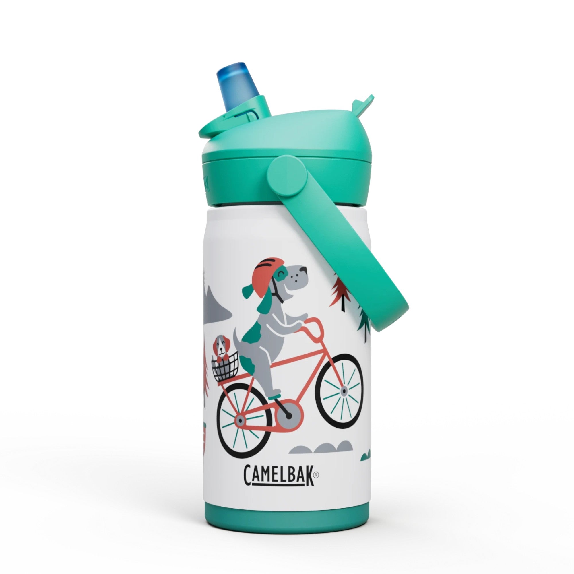 Garrafa Térmica Infantil Camelbak Thrive 354ml com design divertido de cachorro andando de bicicleta.