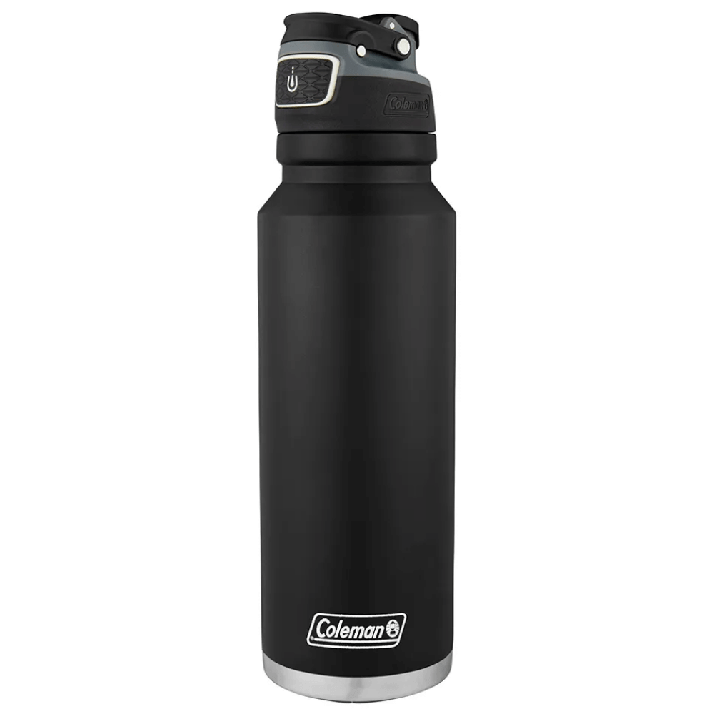 Garrafa Térmica 1,2L FreeFlow AUTOSEAL® Coleman em inox preto, mantém líquidos quentes por 20h e frios por 58h, tecnologia de vedação segura.