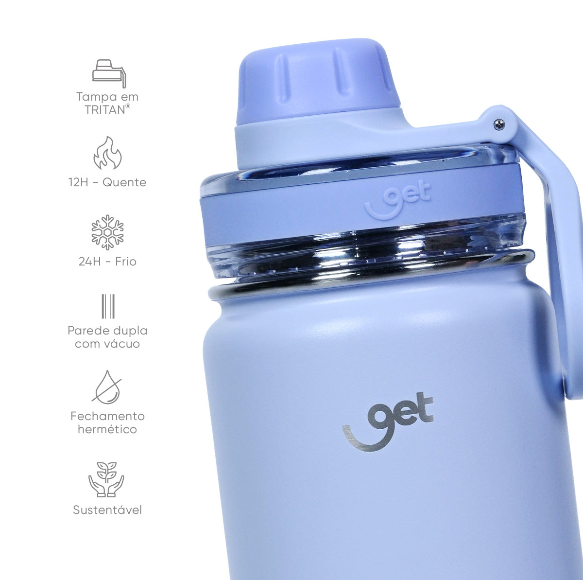 Garrafa Térmica GET Trity 500 ml Lavanda, infográfico com as características