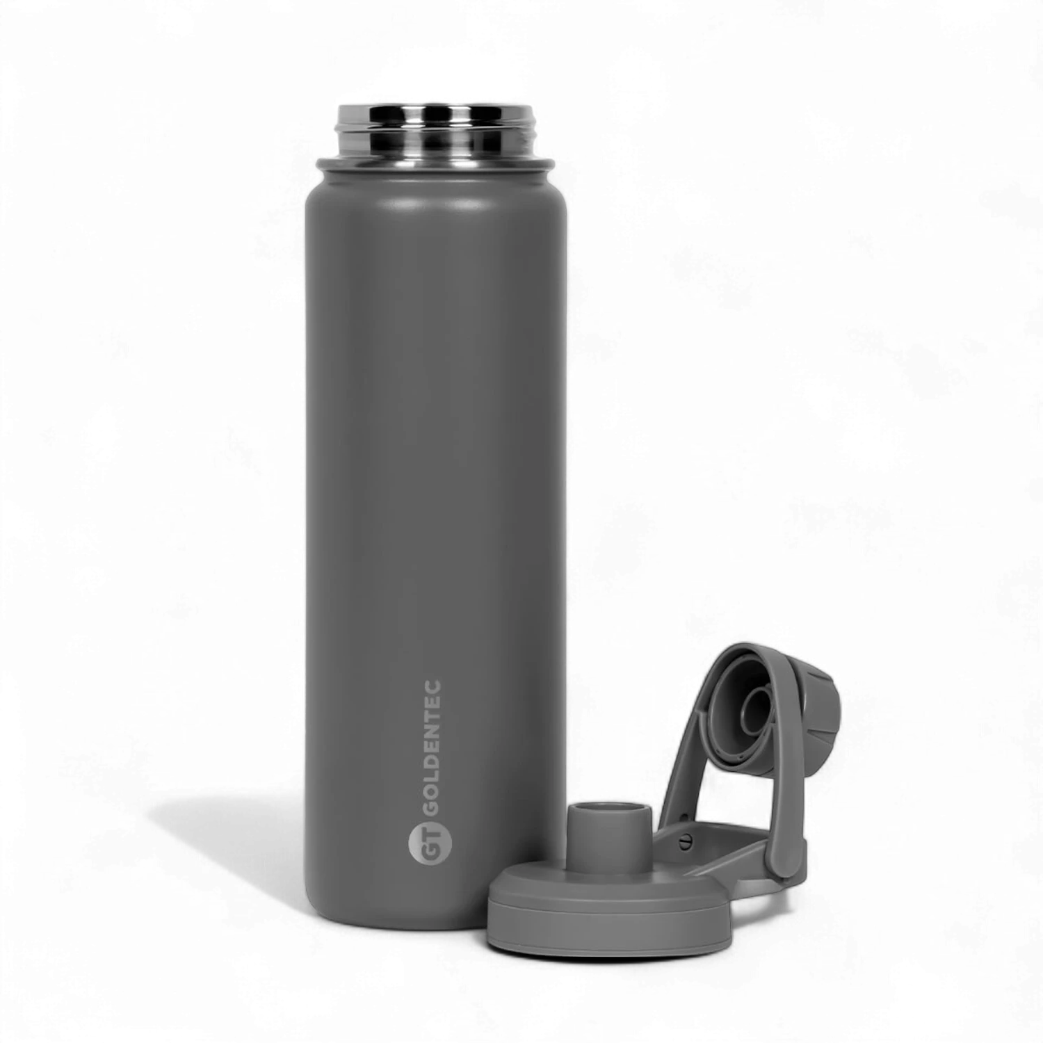 Garrafa Térmica Goldentec 750ml cinza com tampa removível, parede dupla em aço inoxidável para 12h quente e 24h frio.