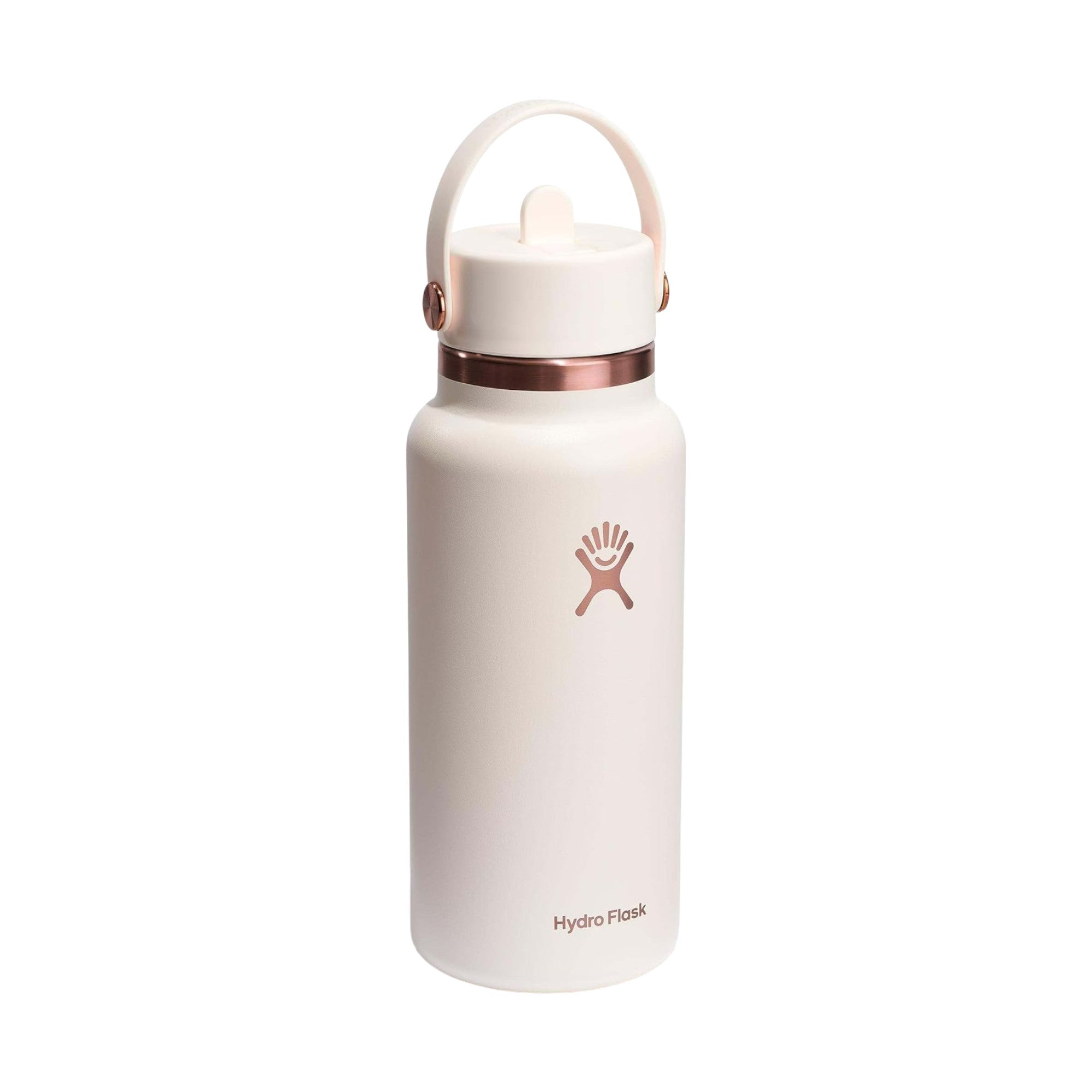 Garrafa Térmica Hydro Flask 946ml com tampa de canudo flexível em inox branco, ideal para hidratação diária e atividades ao ar livre.