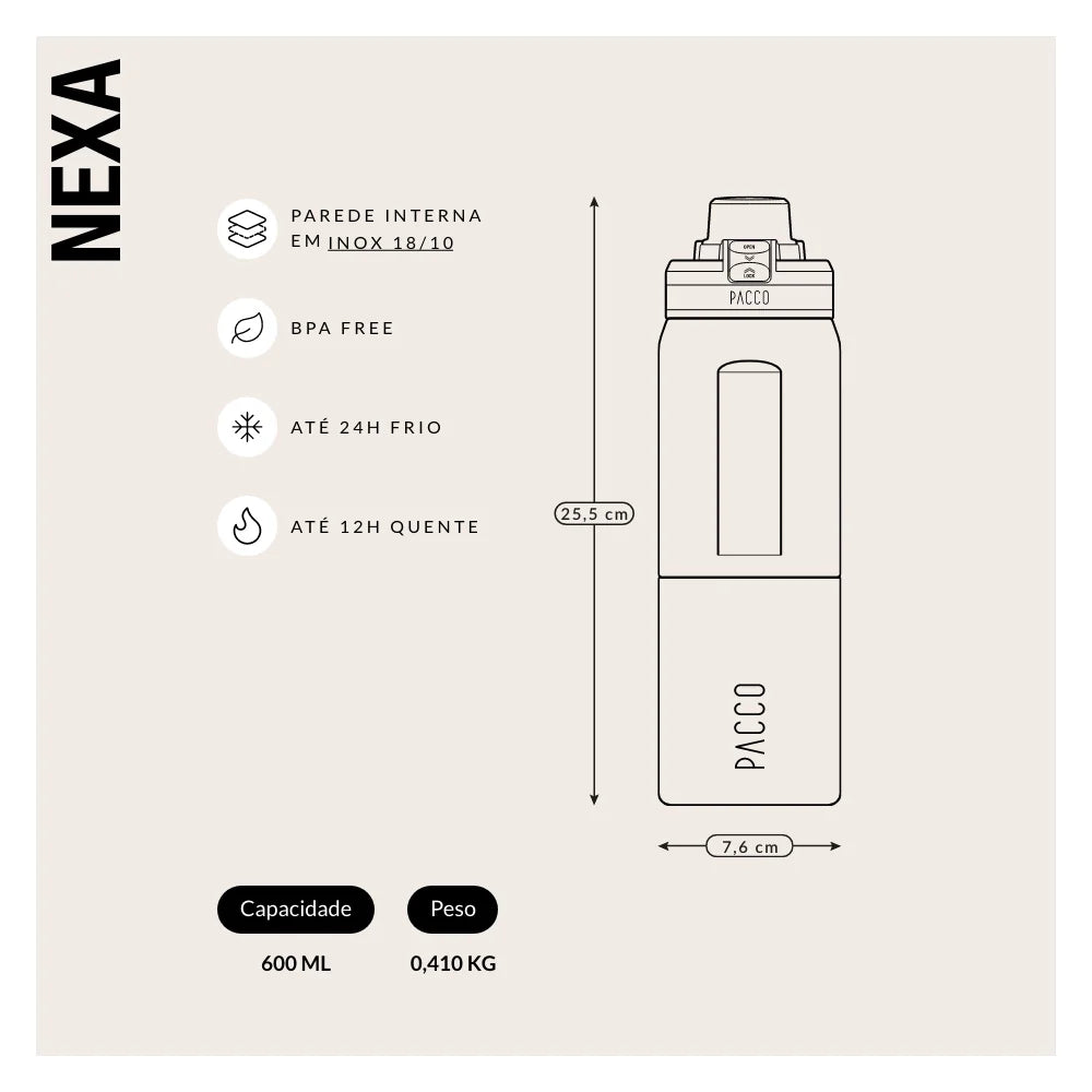 Garrafa térmica Nexa 600ml da PACCO na cor clay