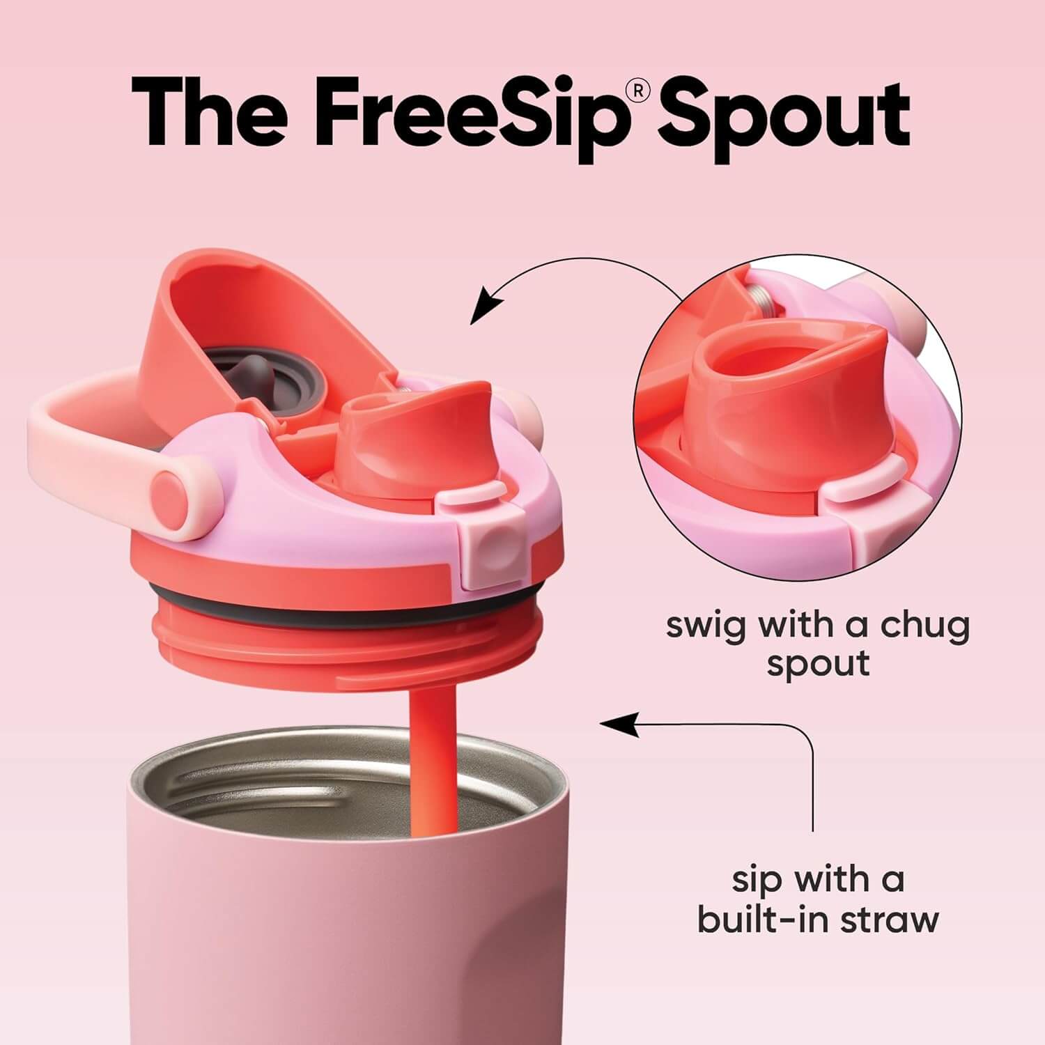 Detalhe do bico patenteado FreeSip da Garrafa Térmica Owala FreeSip Sway - 887ml, com canudo embutido e bocal para beber diretamente.