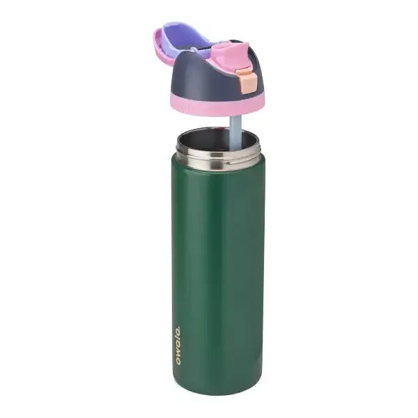 Garrafa térmica Owala FreeSip verde de 710ml com design inteligente e duas formas de beber.