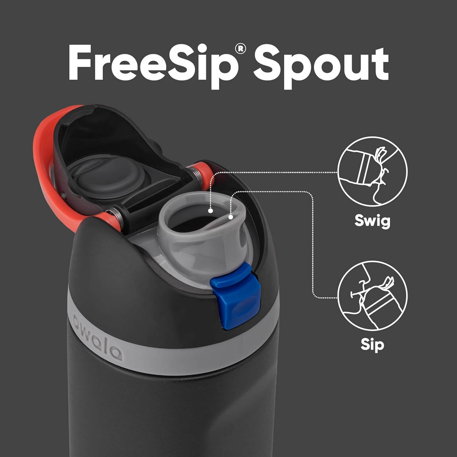 Garrafa térmica Owala FreeSip 710ml com bico FreeSip para beber de duas formas, design inteligente em preto e detalhe azul.