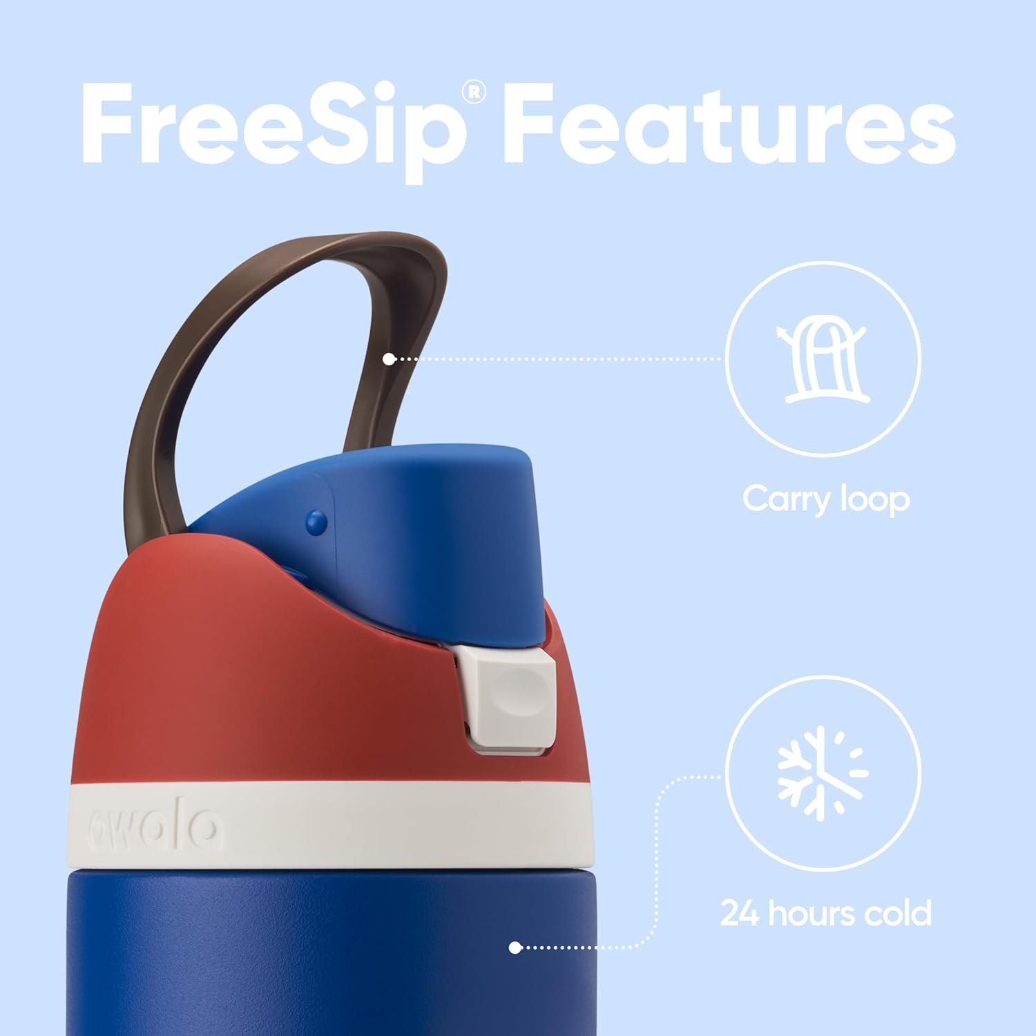 Detalhes da Garrafa Térmica Owala FreeSip 710ml: alça para transporte, mantém bebida fria por 24h, design moderno.