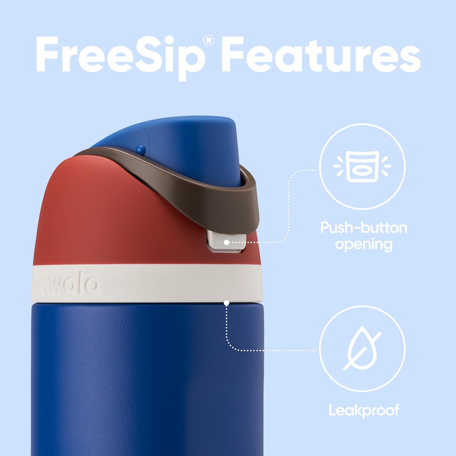 Garrafa térmica Owala FreeSip 710ml com tampa de abertura por botão e design à prova de vazamentos, ideal para hidratação prática.