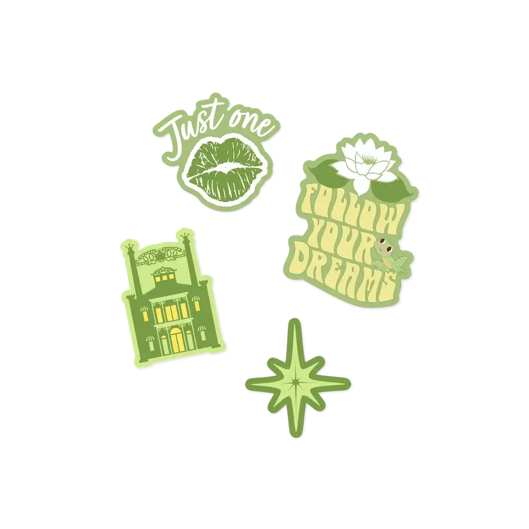 Conjunto de adesivos temáticos verdes com frases motivacionais e desenhos diversos, incluindo "Just One" e "Follow Your Dreams".
