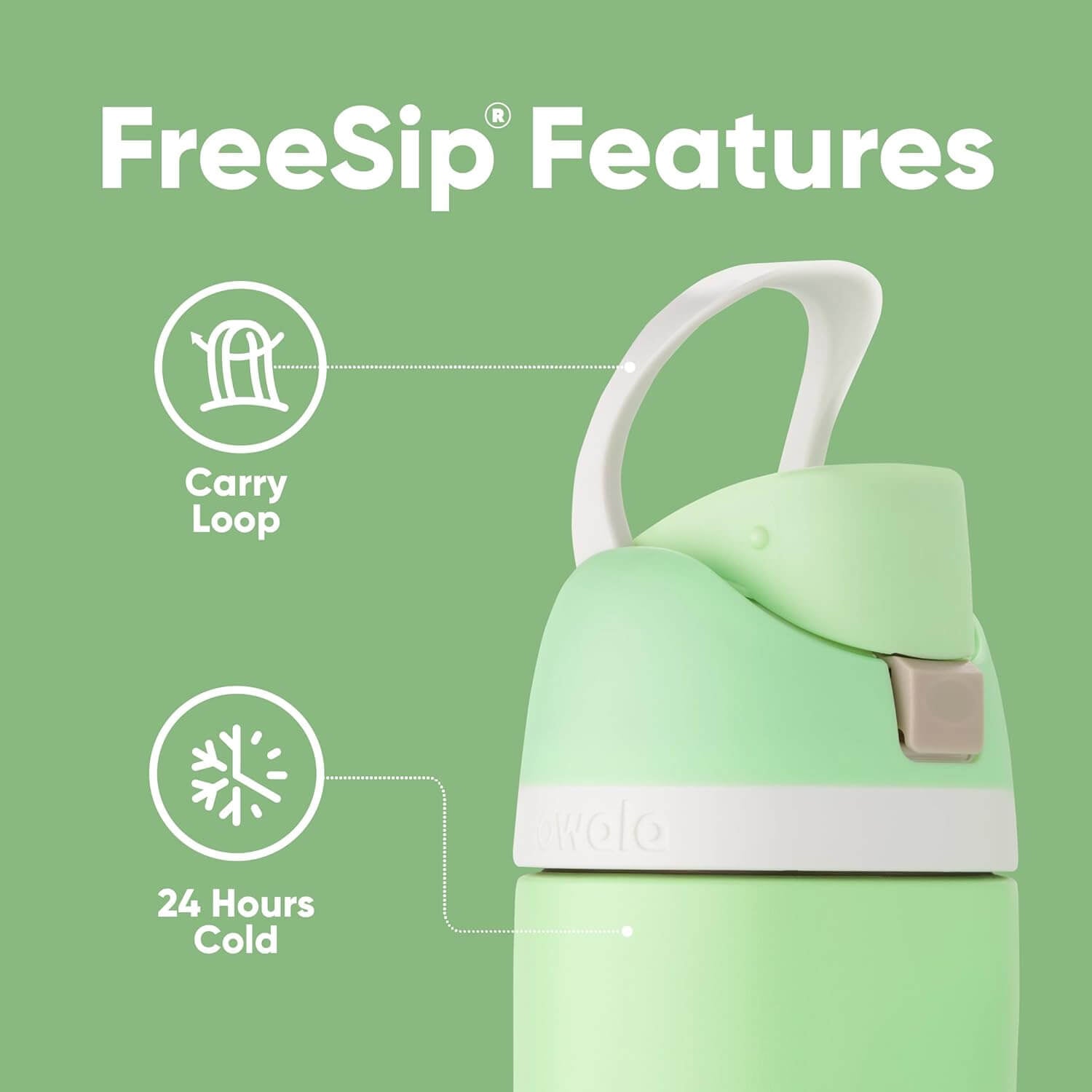 Garrafa Térmica Owala FreeSip - 710ml | 24oz verde claro com alça de transporte e conservação de 24 horas.