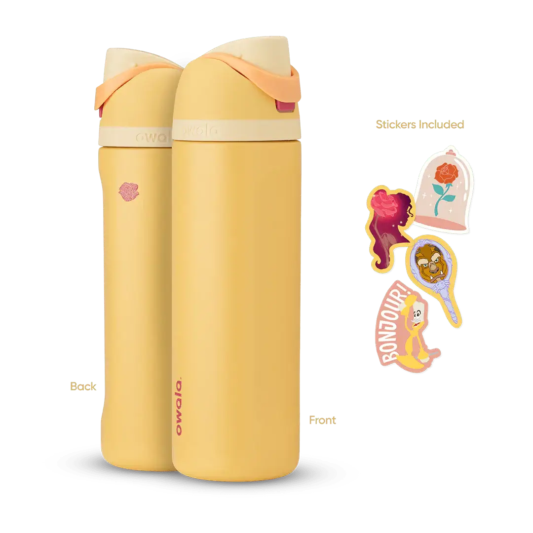 Garrafa Térmica Owala FreeSip - 710ml | 24oz em amarelo; design inteligente com adesivos decorativos.