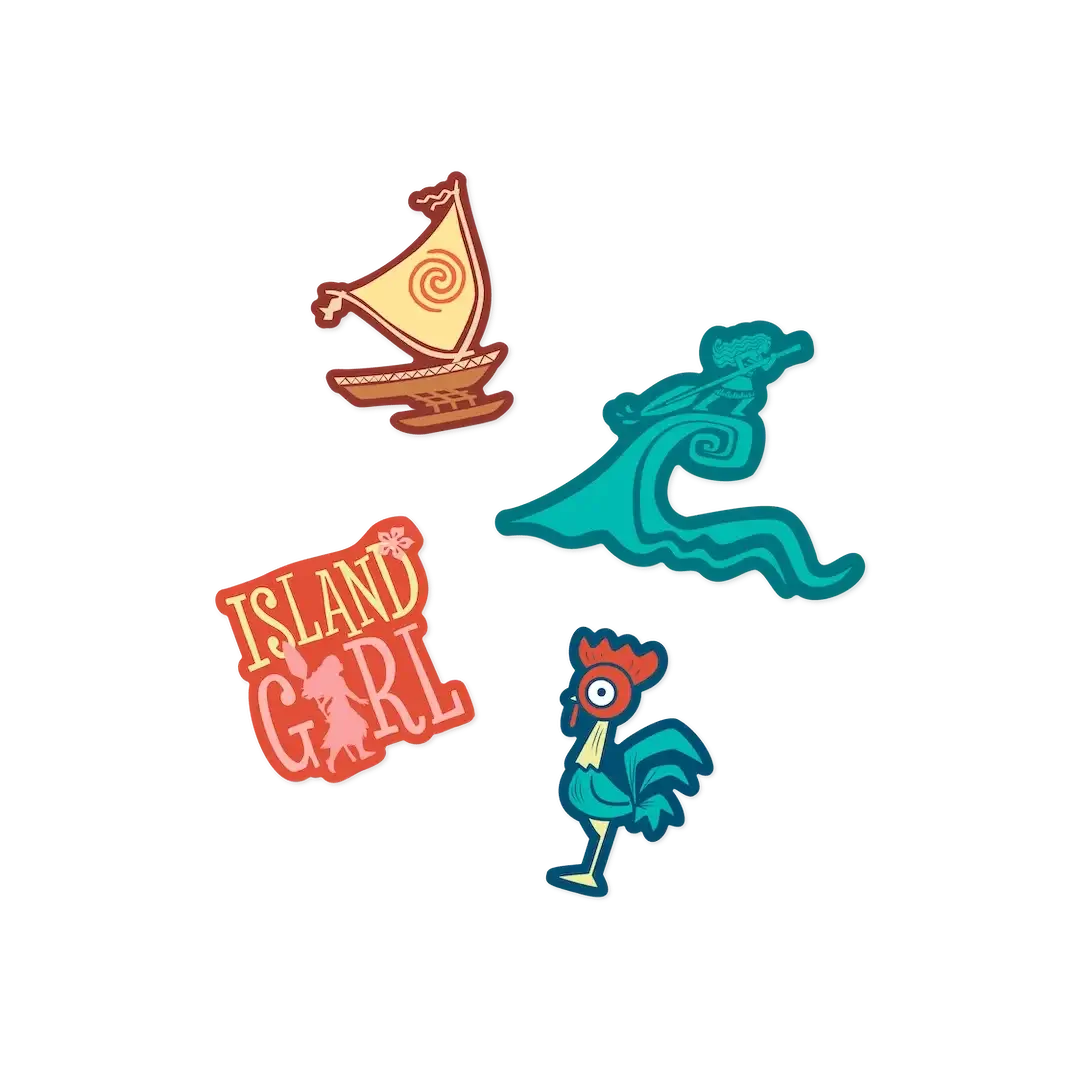 Conjunto de adesivos coloridos com temas de ilha, incluindo um barco, figura de onda, "Island Girl" e um galo estilizado.