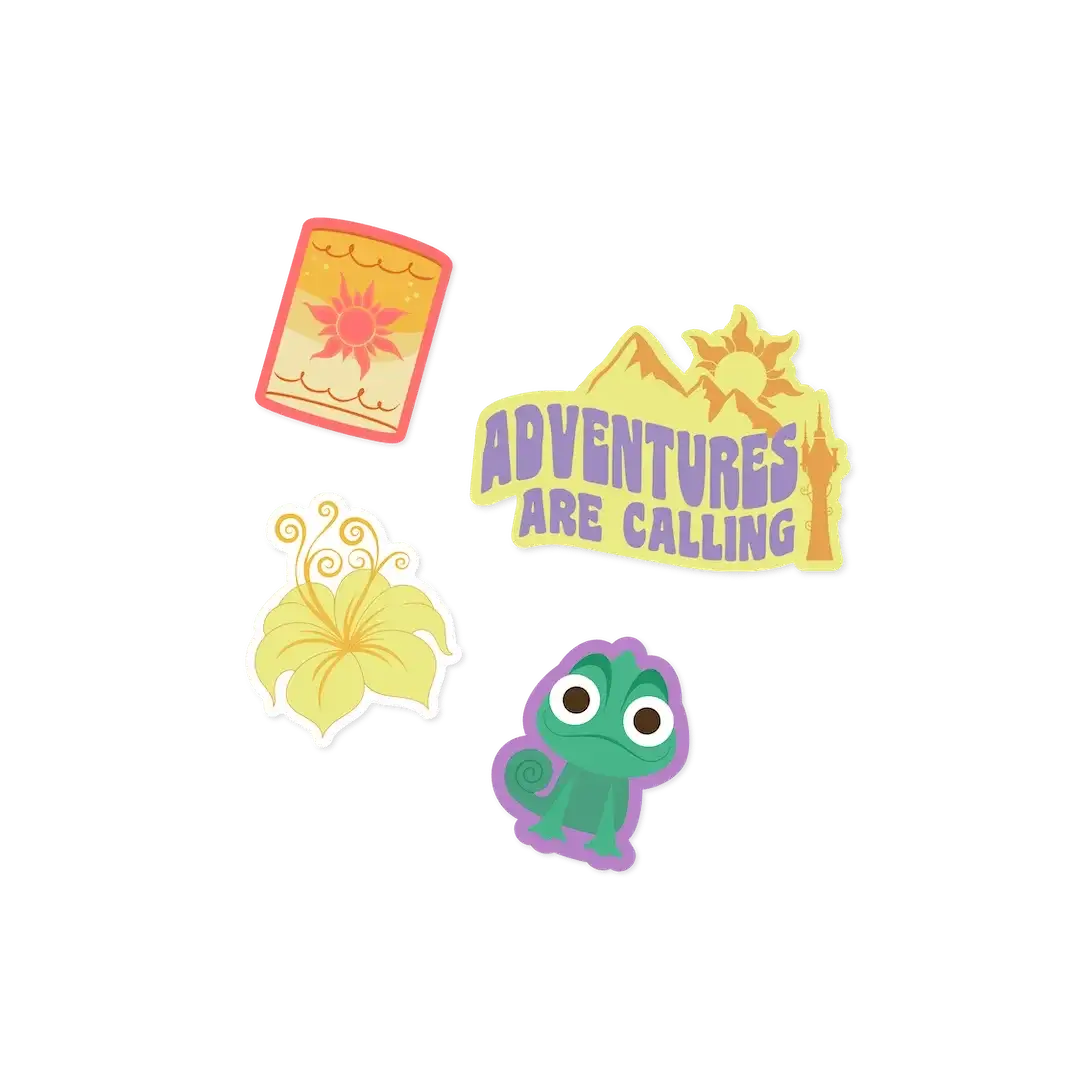 Colorful adventure-themed stickers including a purple and green character and inspirational text 'Adventures Are Calling.'