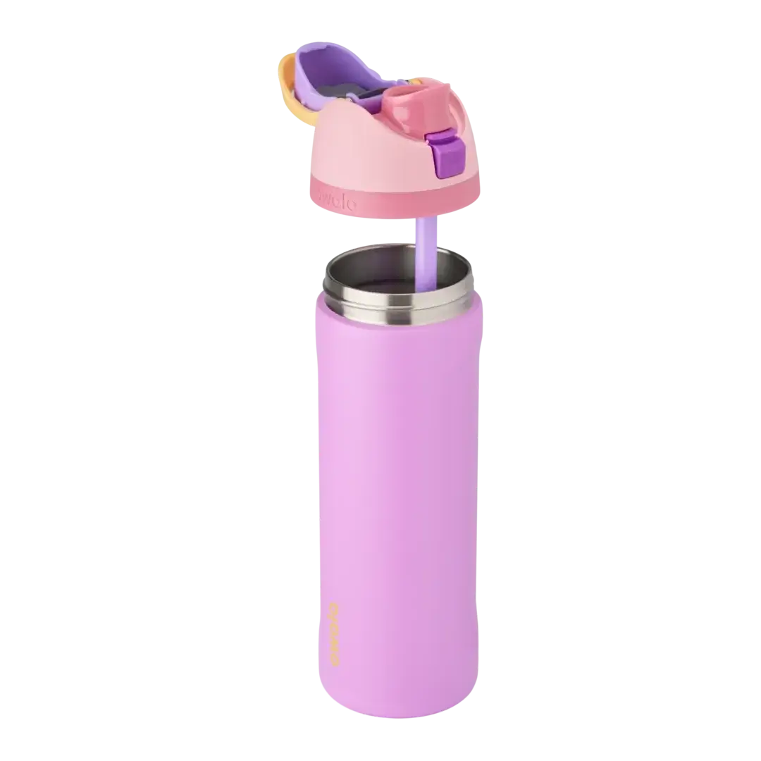 Garrafa térmica Owala FreeSip rosa e lilás de 710 ml com design inteligente para duas formas de beber.