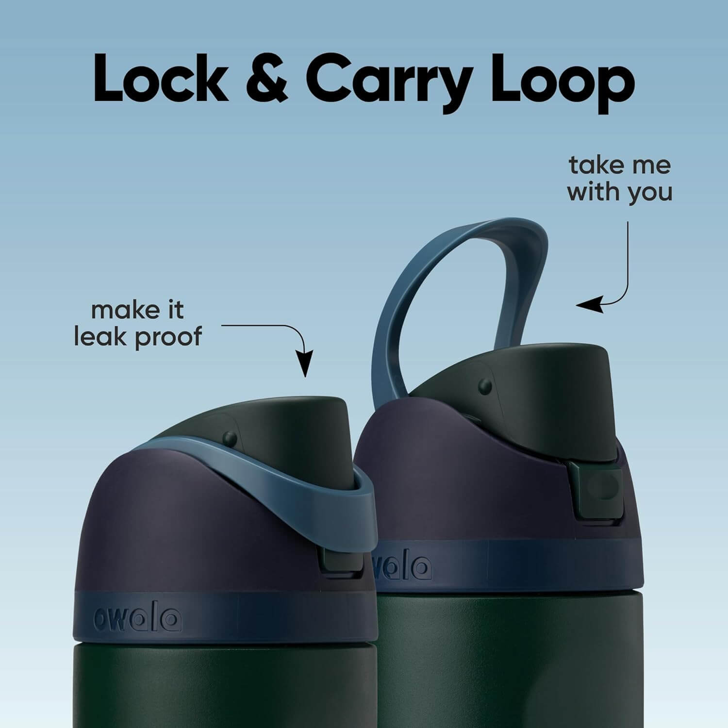 Garrafa Térmica Owala FreeSip - 710ml | 24oz com loop de transporte e tampa à prova de vazamentos, destacando praticidade e segurança.