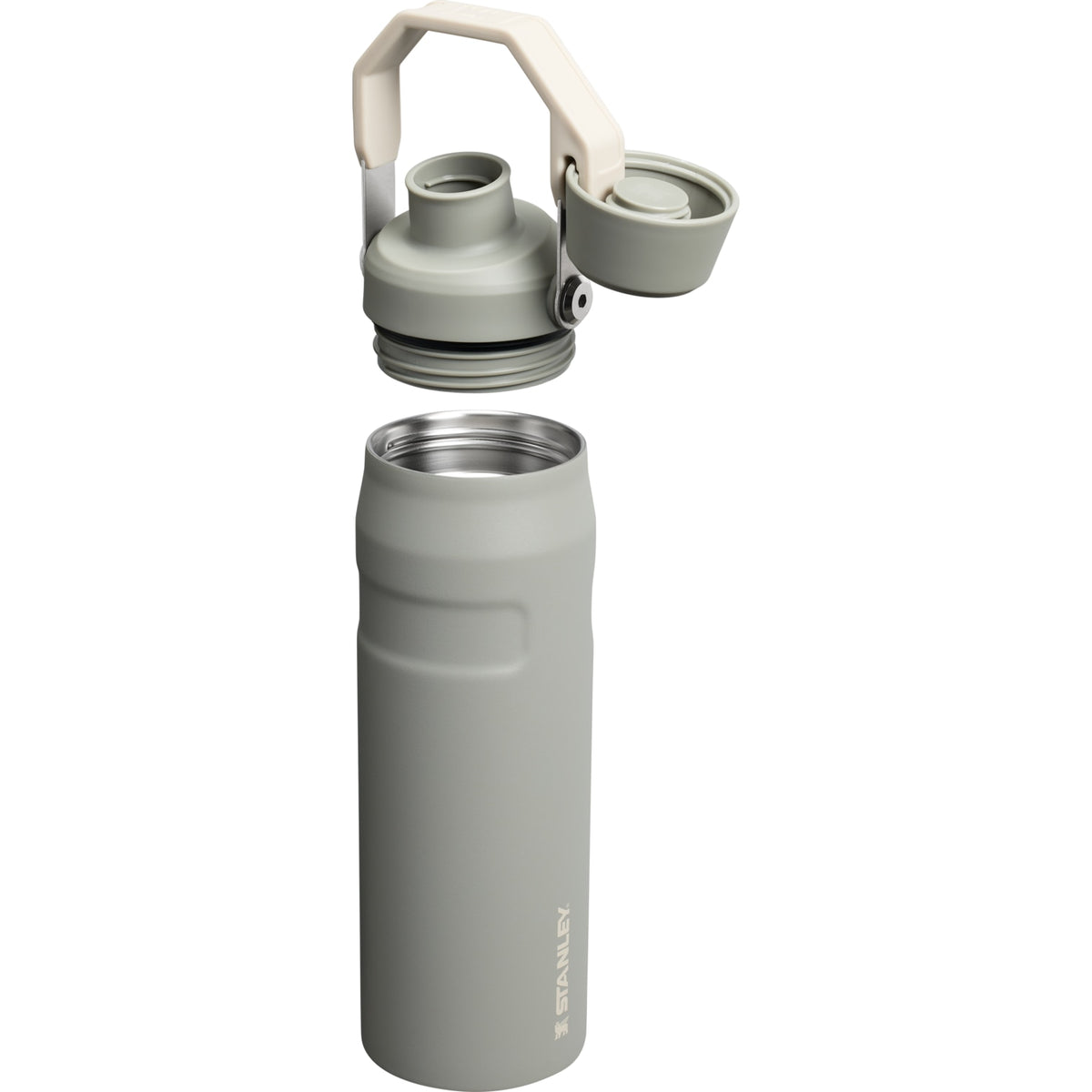 Garrafa Térmica Stanley Aerolight™ Fast Flow 710 ml Sage Grey, com a tampa aberta