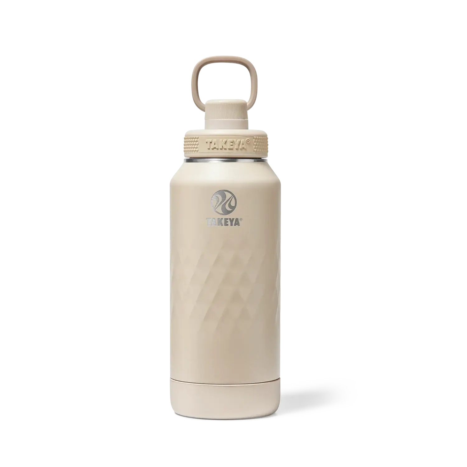 Garrafa Térmica Takeya 950ml Spout Lid Sport em bege com isolamento triplo, ideal para manter bebidas quentes por 14h e frias por 36h.