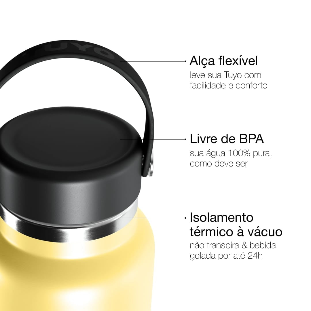 Garrafa Térmica Tuyo 1000 ml Amarelo Manteiga, infográfico com as características