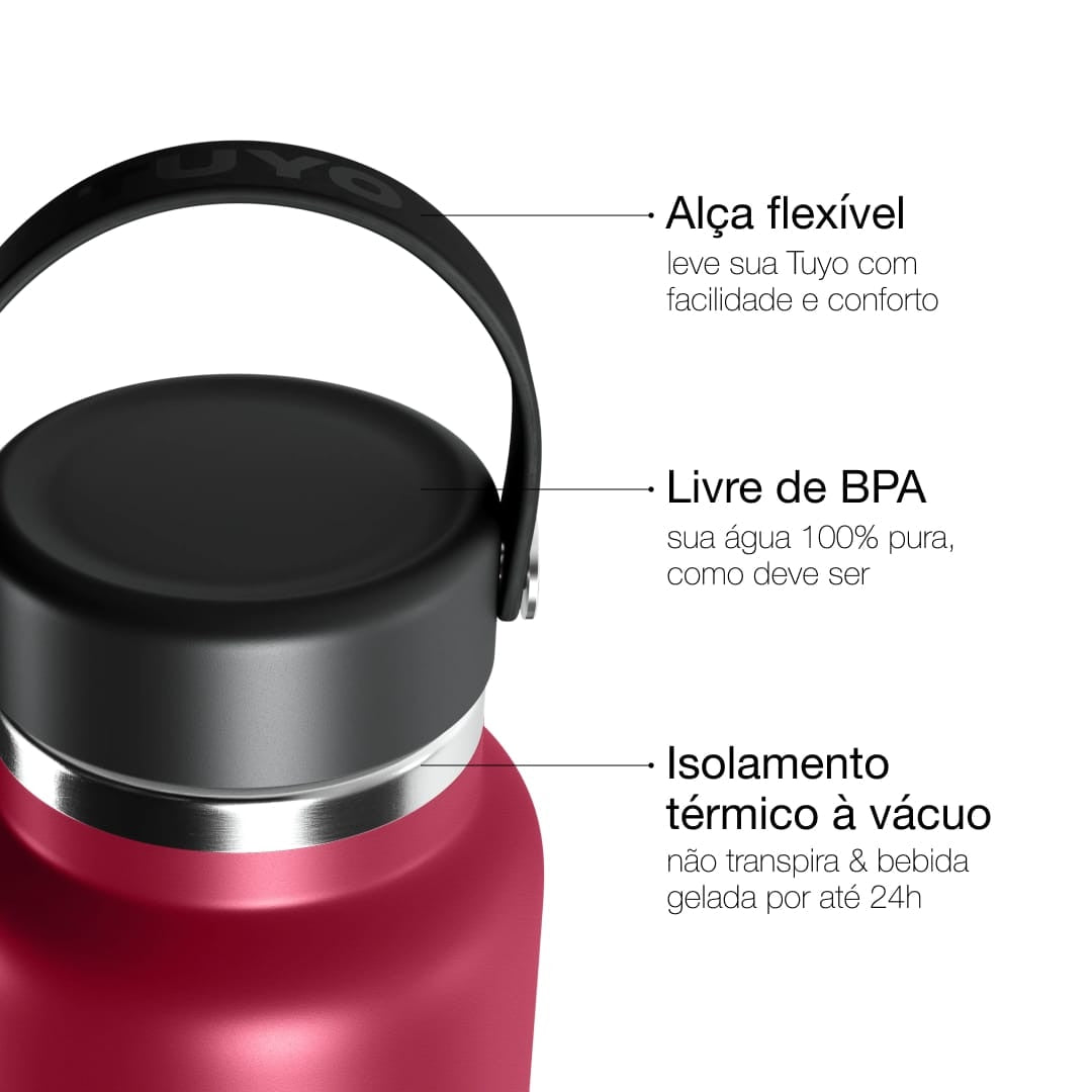 Garrafa Térmica Tuyo 1000 ml Bordô, infográfico com as características