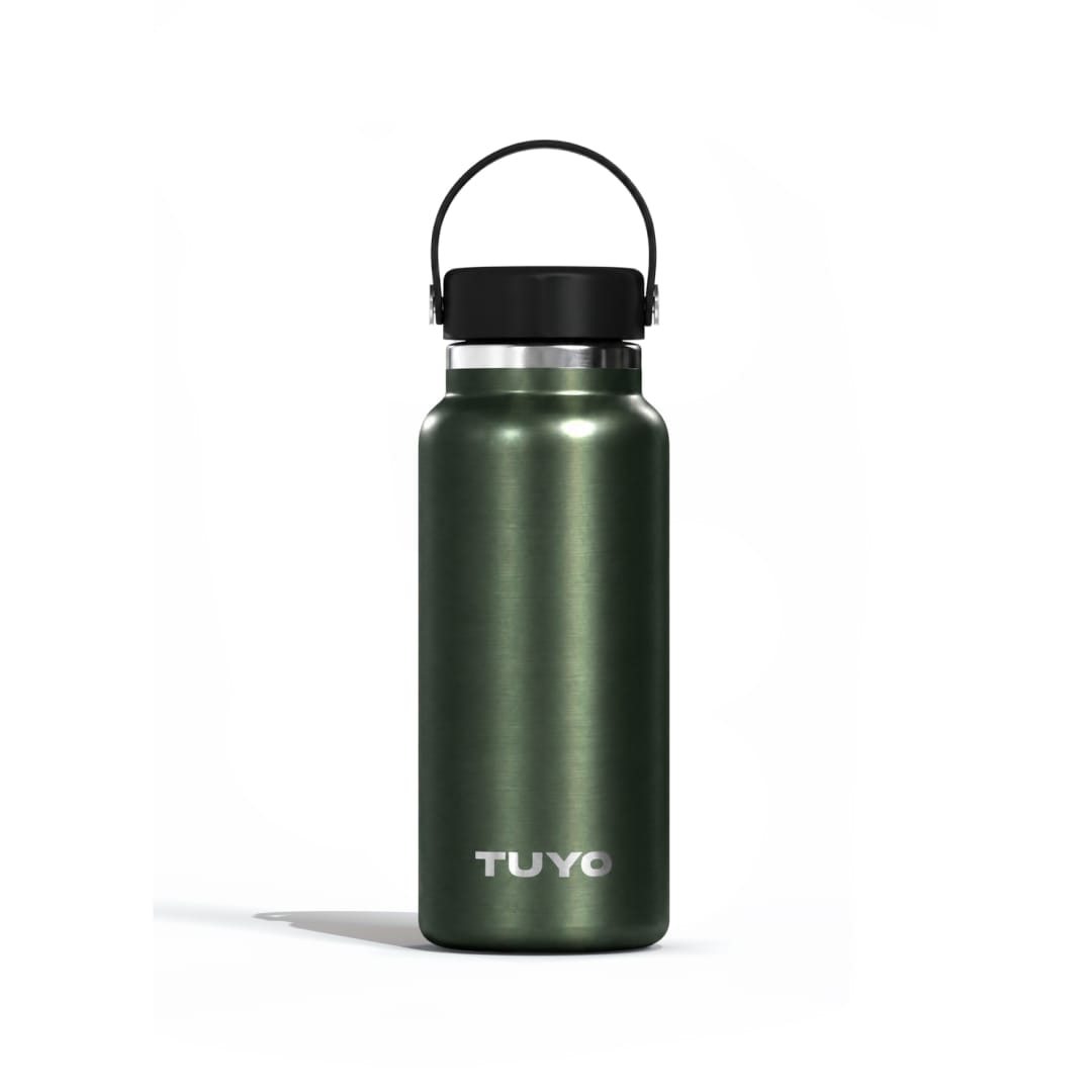 Garrafa Térmica Tuyo 1000 ml Verde Metálico, vista frontal com tampa fechada