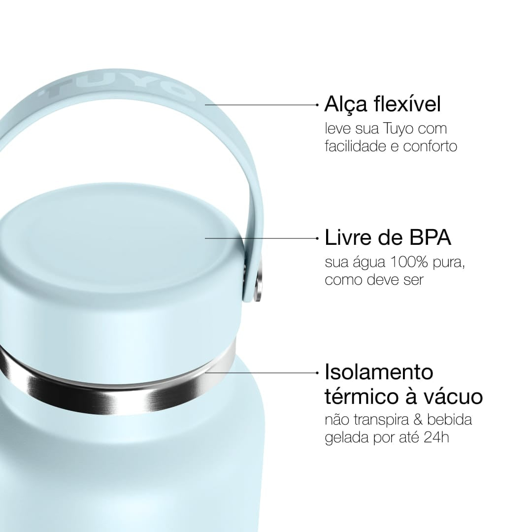 Garrafa Térmica Tuyo 1200 ml Azul Névoa, infográfico com as características