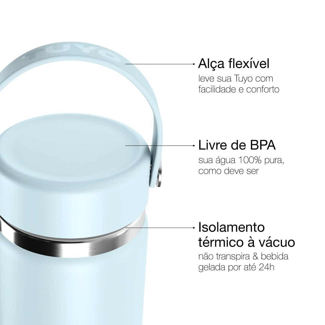 Garrafa Térmica Tuyo 600 ml Azul Névoa, infográfico com as características