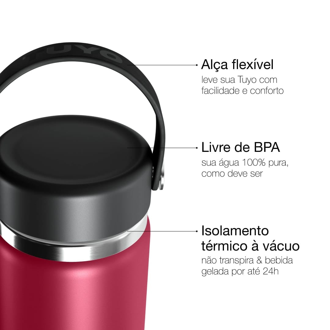 Garrafa Térmica Tuyo 600 ml Bordô, infográfico com as características