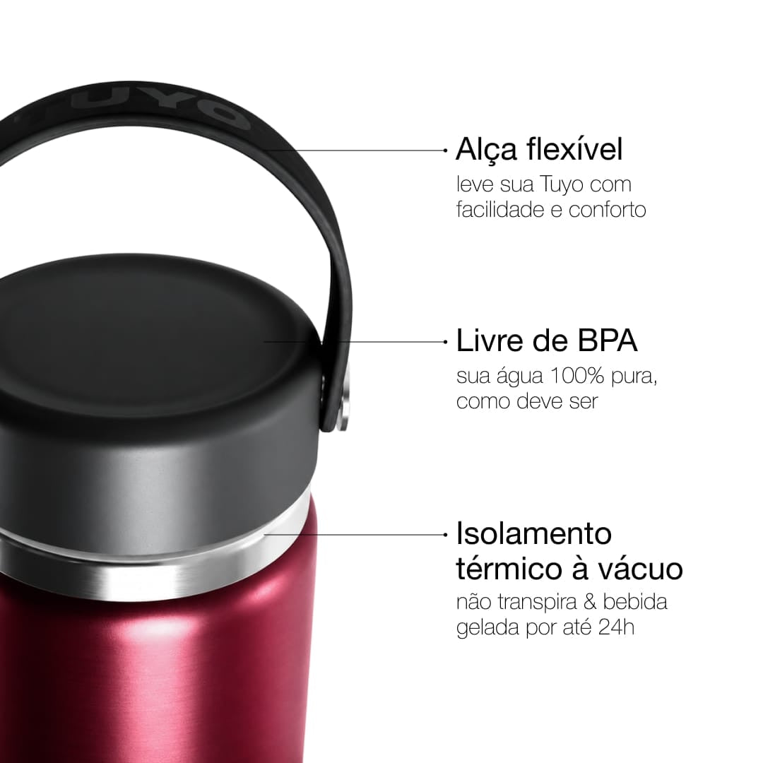 Garrafa Térmica Tuyo 600 ml Bordô Metálico, infográfico com as características