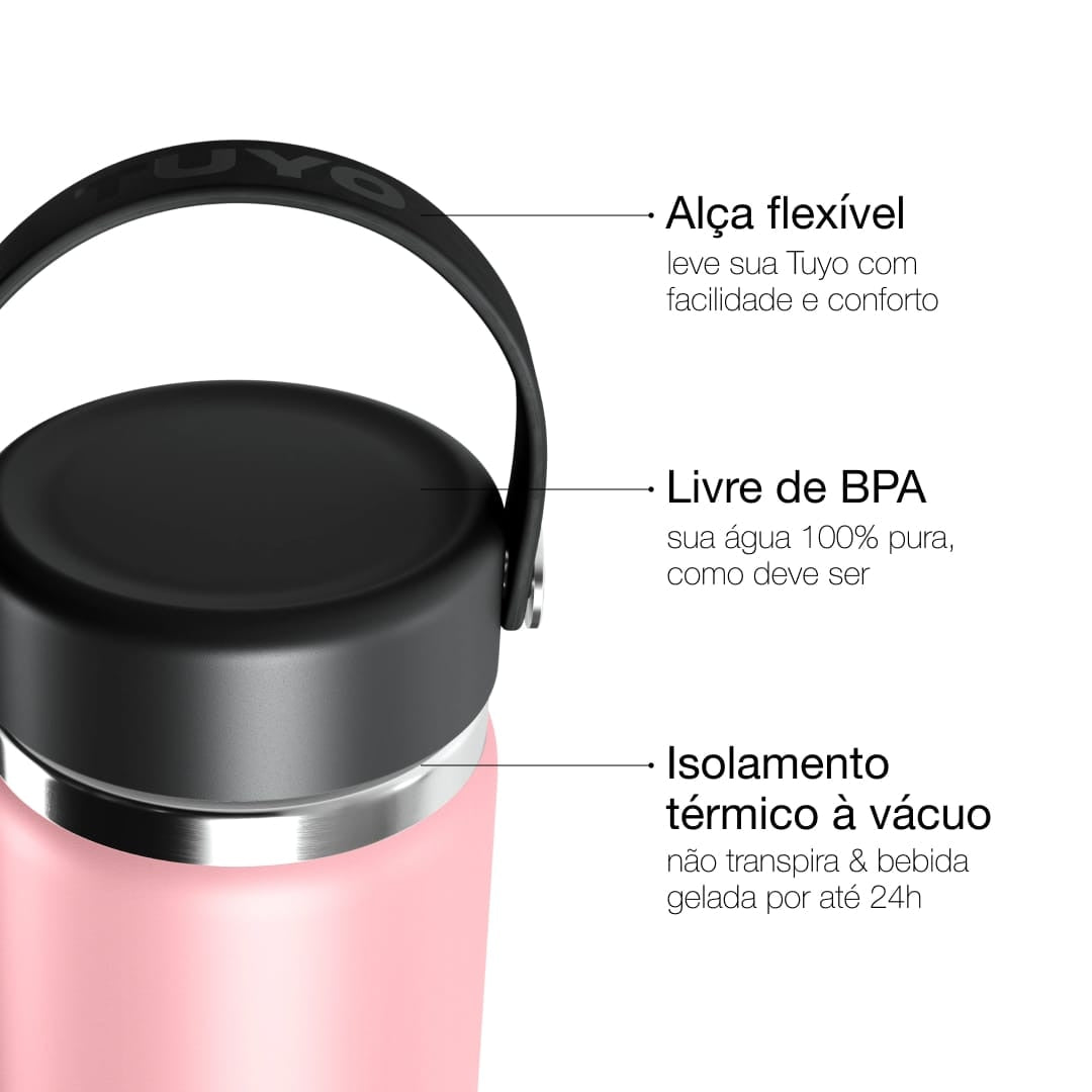 Garrafa Térmica Tuyo 600 ml Rosa bebê, infográfico com as características