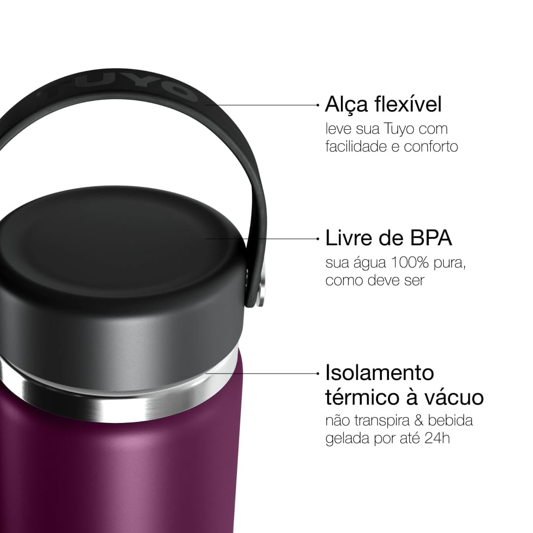 Garrafa Térmica Tuyo 600 ml Roxa, infográfico com as características