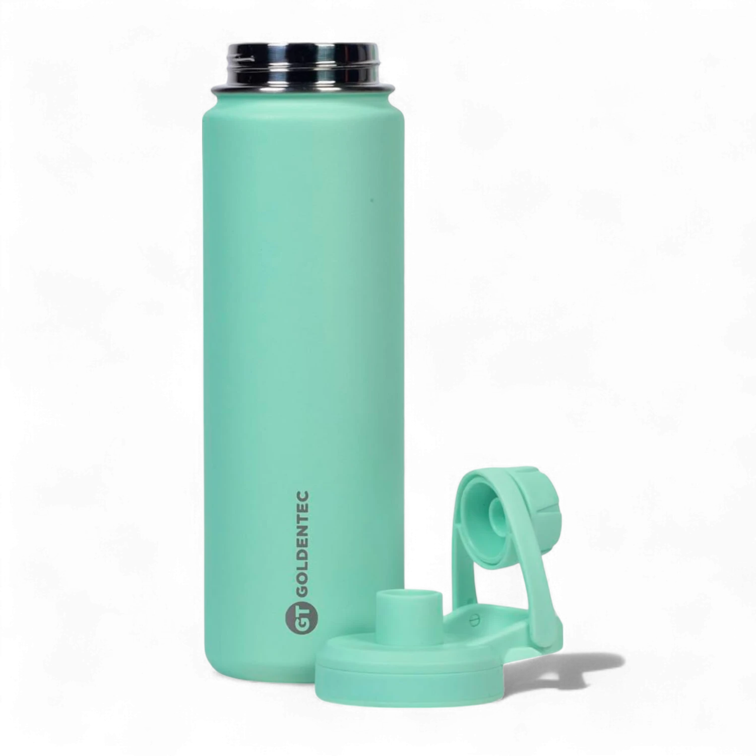Garrafa Térmica Goldentec 750ml em aço inoxidável verde com tampa removível, ideal para manter bebidas quentes por 12h e frias por 24h.