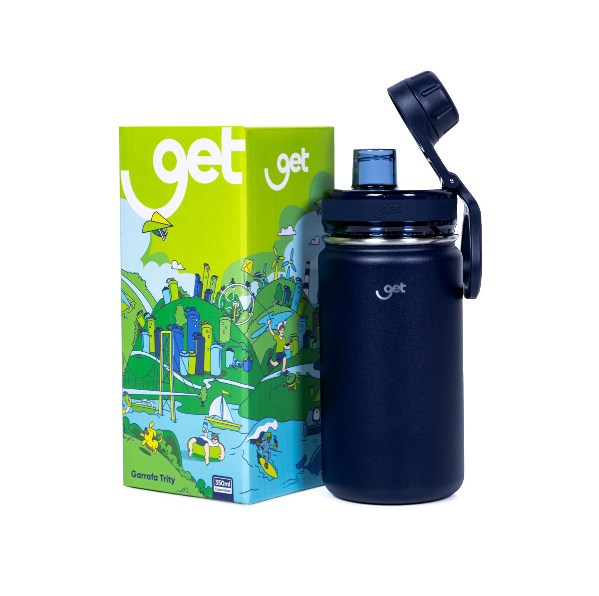 Garrafa Térmica GET Trity 350ml com caixa ilustrativa; produto compacto em aço inoxidável que mantém bebidas quentes ou frias.