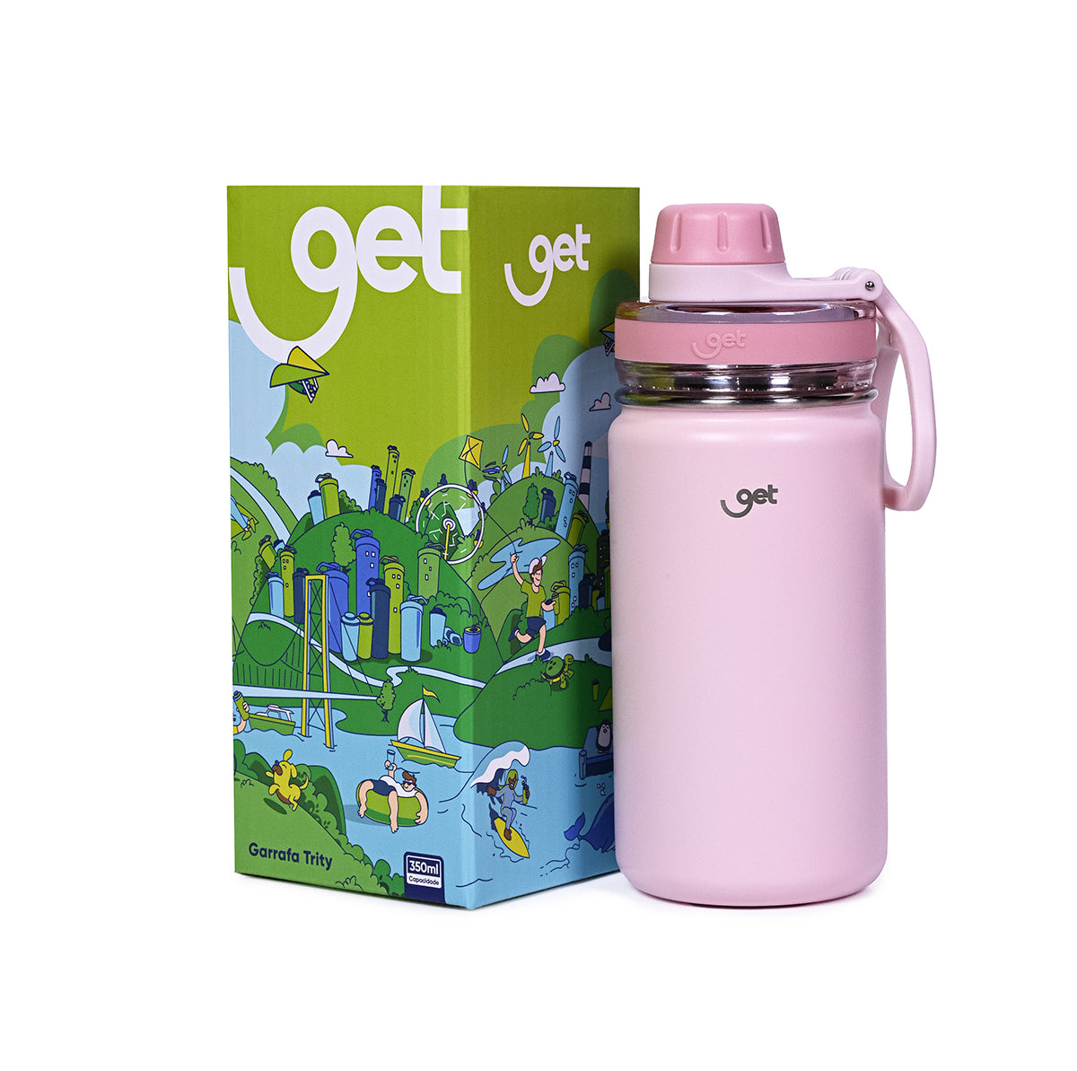 Garrafa Térmica GET Trity 350ml rosa com embalagem ilustrada, ideal para manter bebidas quentes ou frias, em aço inox de alta durabilidade.