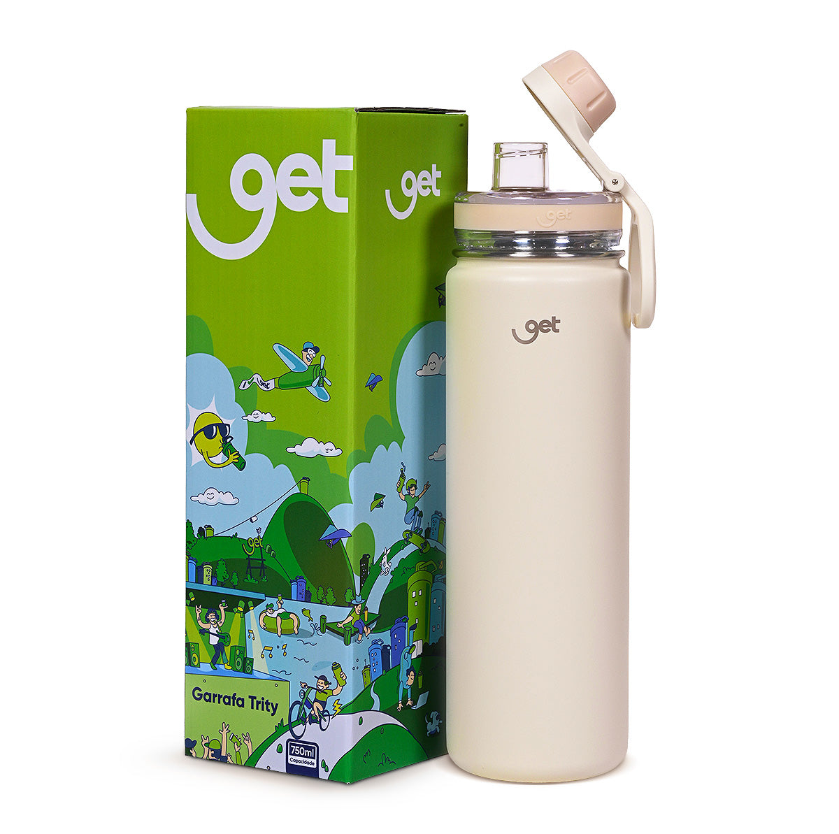 Garrafa Térmica GET Trity 750ml ao lado da embalagem verde, destacando design moderno e praticidade para bebidas quentes ou frias.