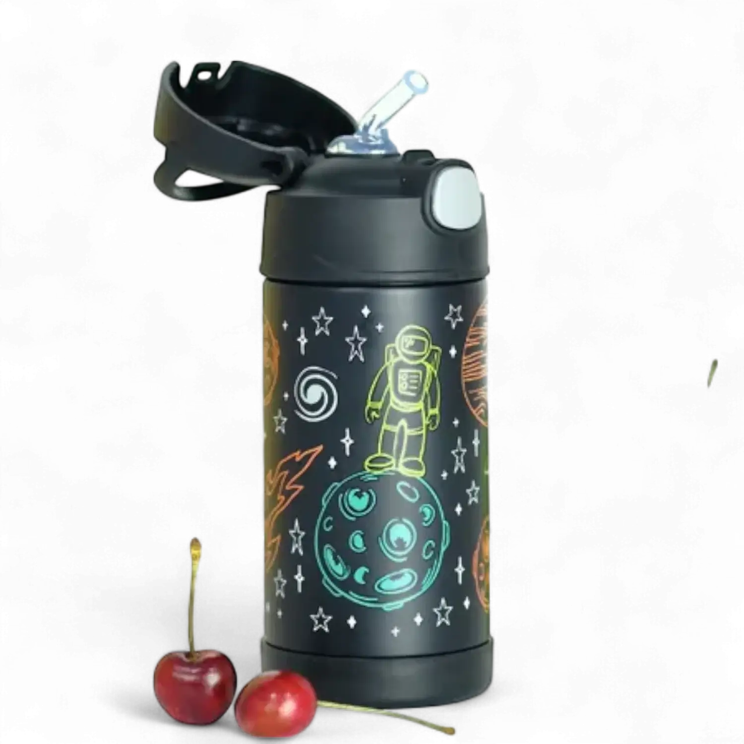 Garrafa Térmica Funtainer Thermos - 355ml com design infantil de astronauta, ideal para manter bebidas geladas por até 12 horas.
