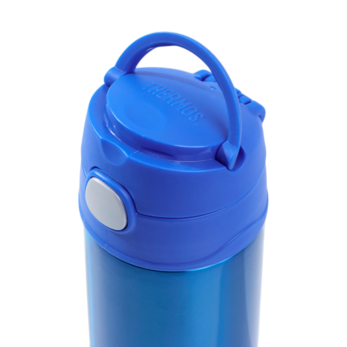 Garrafa Térmica Funtainer Thermos - 355ml azul com alça integrada e botão de abertura, ideal para manter bebidas geladas por 12 horas.