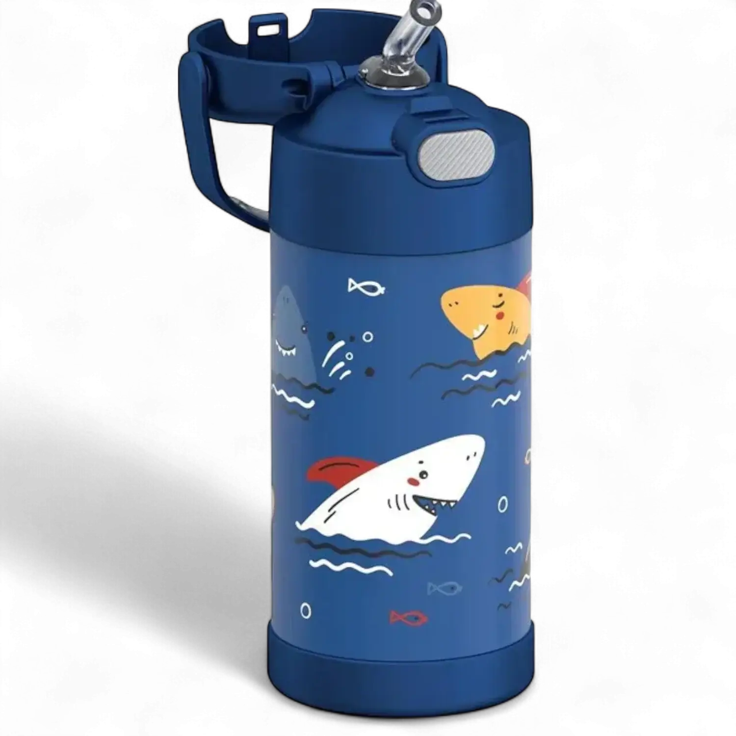 Garrafa Térmica Funtainer Thermos - 355ml com design infantil de tubarões, ideal para manter bebidas frias por 12 horas.