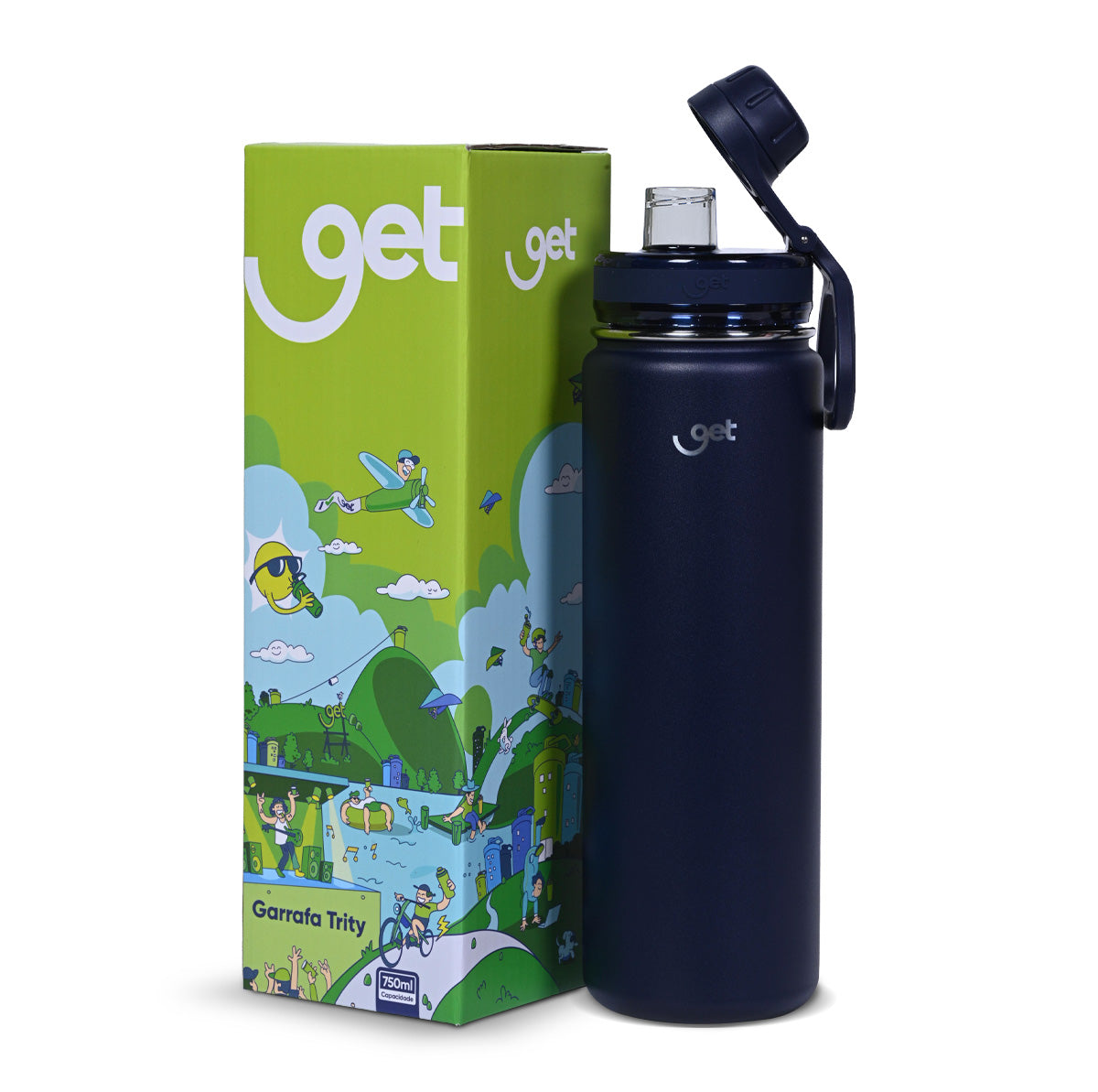 Garrafa Térmica GET Trity 750ml ao lado da embalagem colorida, ideal para manter bebidas quentes ou frias por mais tempo.