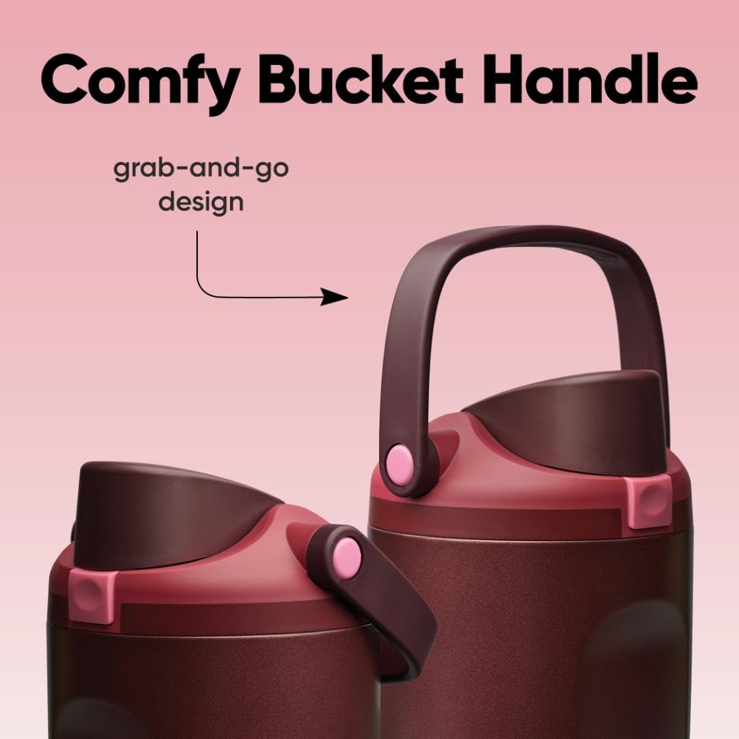 Comfy bucket handle on travel mugs with grab-and-go design in pink and brown.