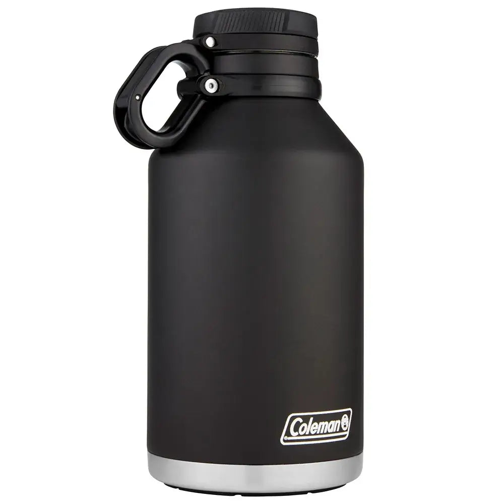 Growler 1,9L Preto Coleman, garrafa térmica de aço inoxidável, mantém líquidos frios por 76h e quentes por 41h, ideal para aventuras.