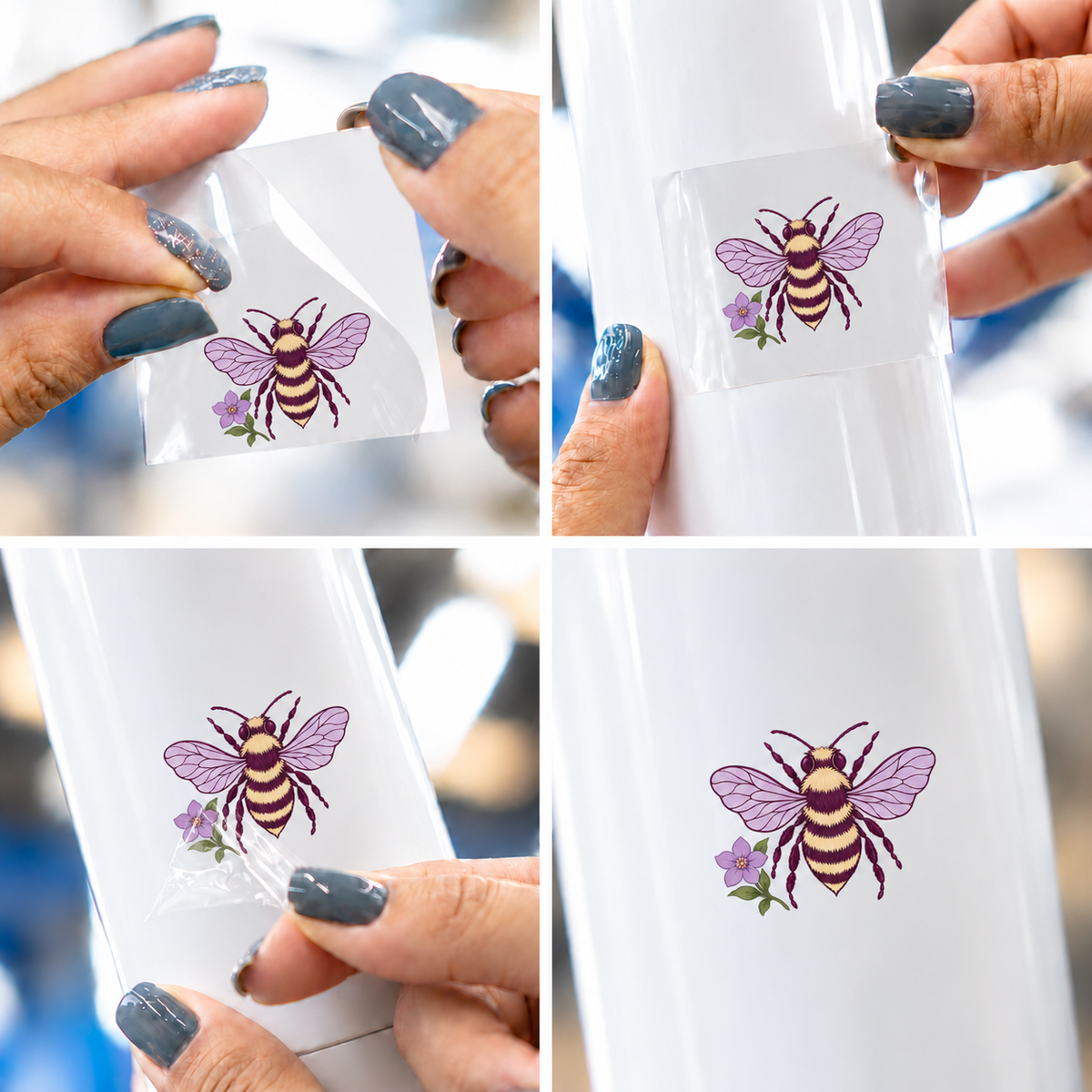 Lavanda Botânica — Abelha — sticker UV DTF individual com verniz — passo a passo ilustrativo de aplicação
