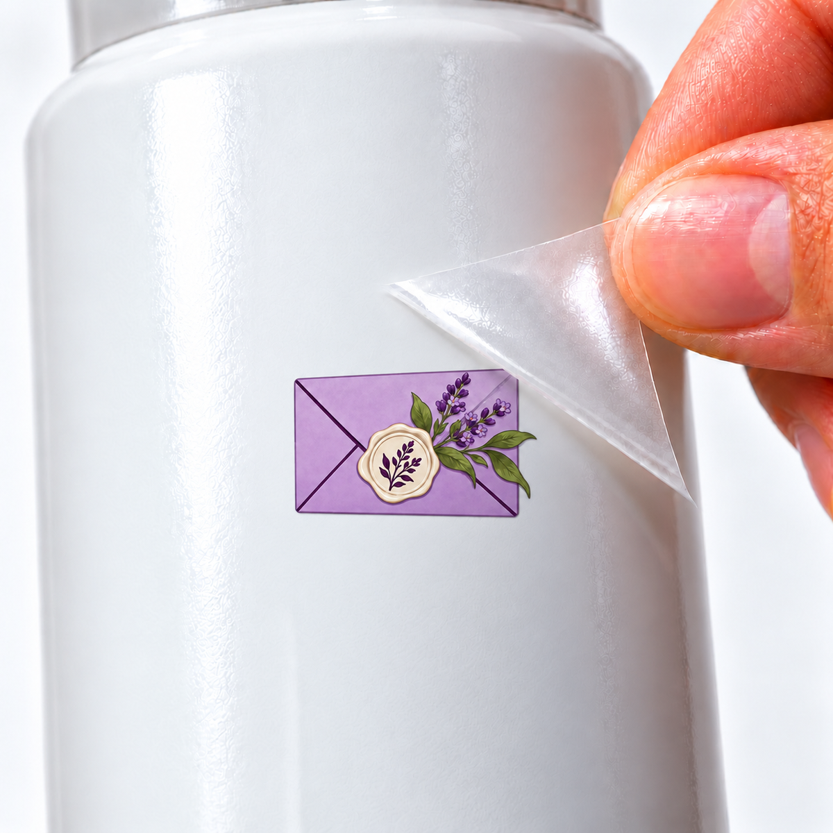 Lavanda Botânica — Carta — sticker UV DTF individual com verniz — detalhe de aplicação