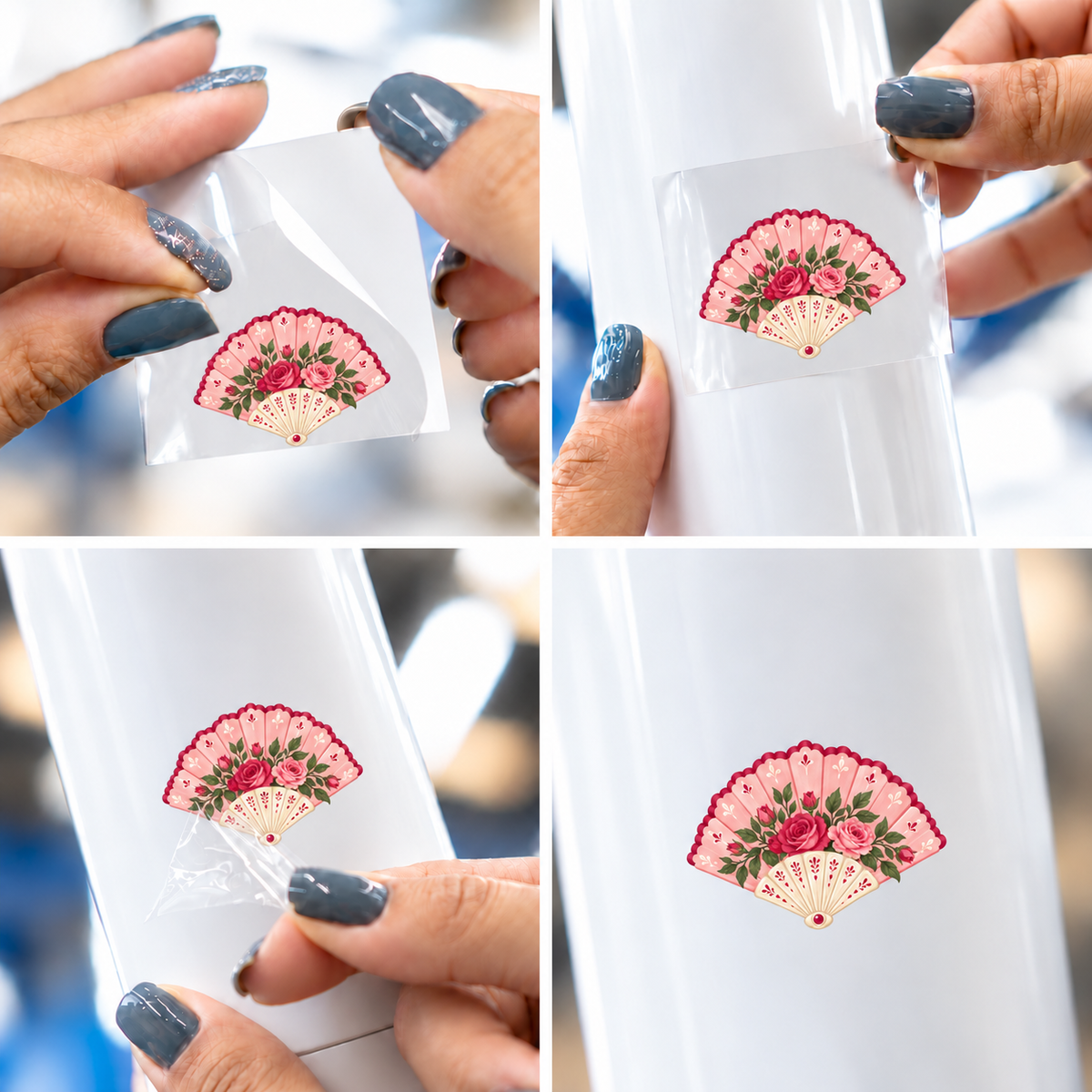 Rosé Romântico — Leque — sticker UV DTF individual com verniz — passo a passo ilustrativo de aplicação