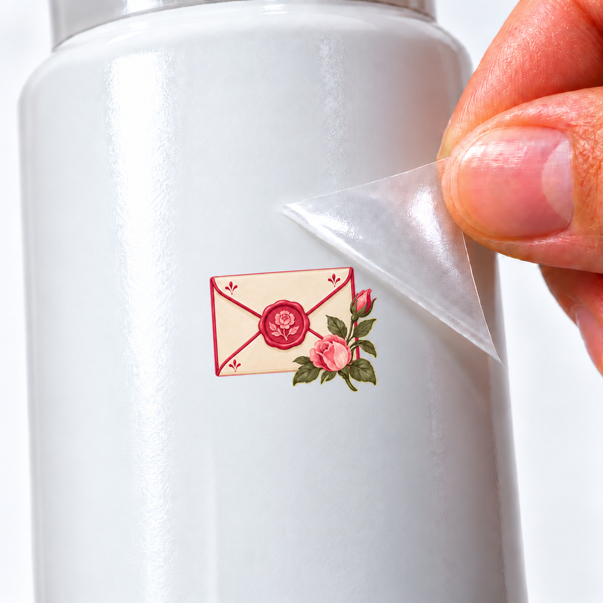 Rosé Romântico — Carta — sticker UV DTF individual com verniz — detalhe de aplicação