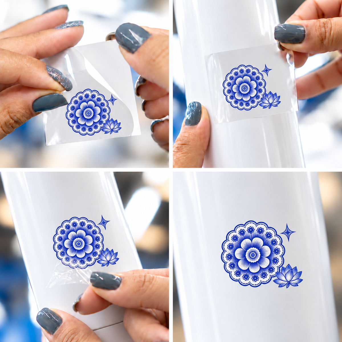 Porcelana de Coalas — Rosácea ornamental — sticker UV DTF individual com verniz — passo a passo ilustrativo de aplicação